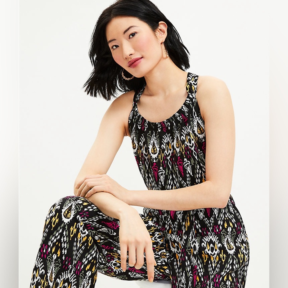 LOFT Black Printed Halter Jumpsuit with Pink and Yellow Accents - Picture 3 of 4